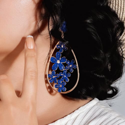 Boho Raffia Flower Teardrop Earrings Cute Colorful Dangle Trendy Jewelry | Floral Drop Statement Big Dangling Earring Hypoallergenic Gold Fun Unique Summer Spring Beach Vacation Outfits for Women - color: Royal Blue