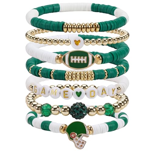 Ardorchid Halloween Bracelets for Women Pumpkin Ghost Steleton Bat Skull Beaded Stackable Stretchy Bracelet Rugby Thanksgiving Christmas Heishi Bracelets - color: Game Day-Green