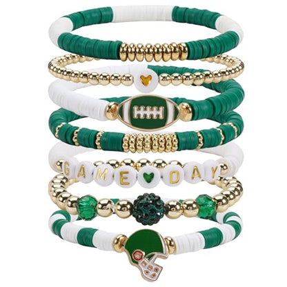 Ardorchid Halloween Bracelets for Women Pumpkin Ghost Steleton Bat Skull Beaded Stackable Stretchy Bracelet Rugby Thanksgiving Christmas Heishi Bracelets - color: Game Day-Green