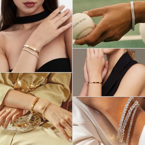 18K Gold Plated Dainty Tennis Bracelets Set 4mm/6mm Love Bangle Bracelets with 3mm/4mm Cubic Zirconia Classic Tennis Bracelet| Gold Bracelets for Women | Size 6.5/7/7.5 Inch - color: 3mm&4mm Gold Tennis Bangle, size: 7 Inches