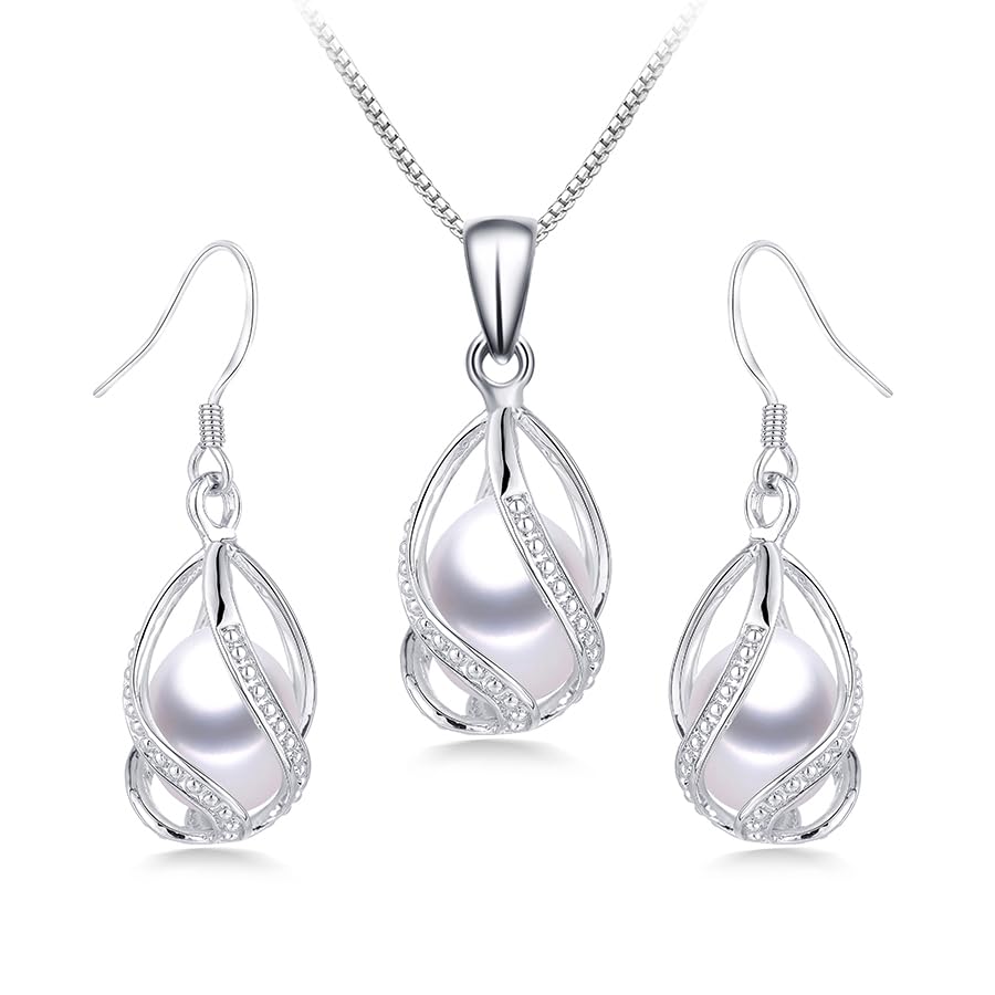Pearl Jewelry Set For Women S925 Sterling Silver/14K Gold Plated Necklace & Earrings Set Freshwater Pearl Pendant Cage Set for Wedding Anniversary Prom Birthday Gift - color: Silvery-White