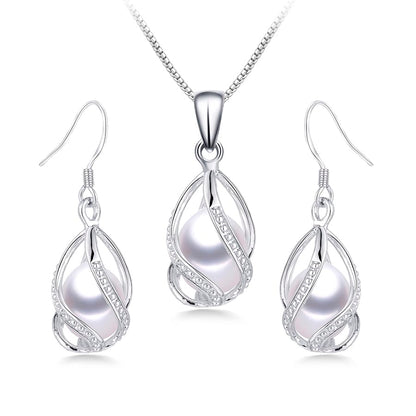 Pearl Jewelry Set For Women S925 Sterling Silver/14K Gold Plated Necklace & Earrings Set Freshwater Pearl Pendant Cage Set for Wedding Anniversary Prom Birthday Gift - color: Silvery-White