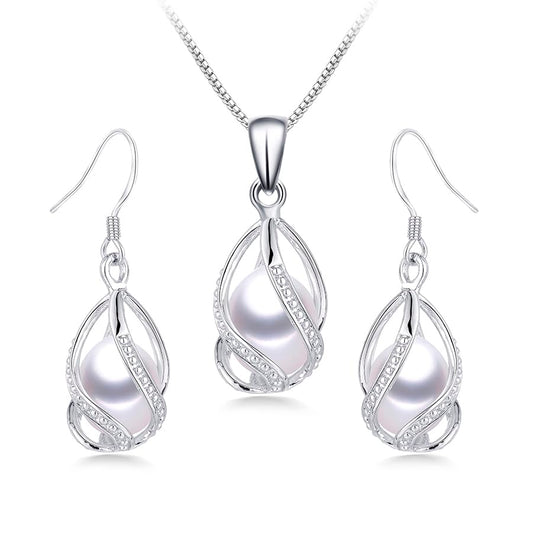 Pearl Jewelry Set For Women S925 Sterling Silver/14K Gold Plated Necklace & Earrings Set Freshwater Pearl Pendant Cage Set for Wedding Anniversary Prom Birthday Gift - color: Silvery-White