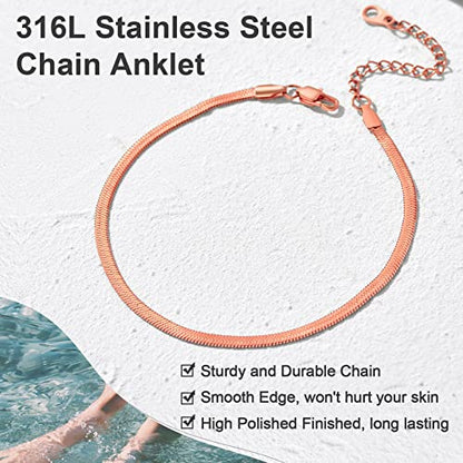 Adjustbale Link Chain Anklet for Women Summer Jewelry, 316L Stainless Steel Figaro/Wheat/Twist Rope/Cuban Foot Bracelet-Waterproof, Resizable 9"-12" (Gift Box Included) - color: 6, Herringbone - Rose Gold-3mm