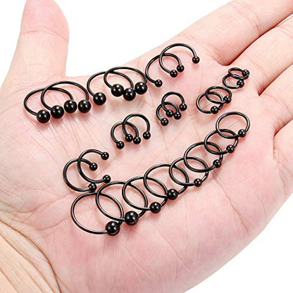 16-24PCS 16G Surgical Steel Horseshoe & Captive Bead Nose Hoop Septum Earring Eyebrow Tongue Lip Nipple Helix Tragus Piercing Jewelry Rings 6-16mm - color: 24PCS - Black