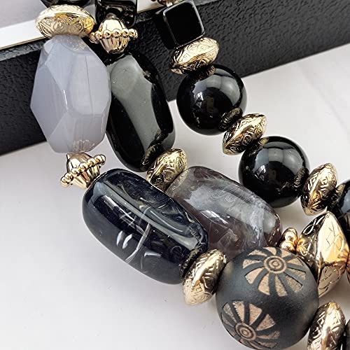 Bocar 3 Layer Chunky Statement Beaded Necklace and Earrings Set, Fashion Multi Layer Women Collar Necklace Jewelry Set - color: Black