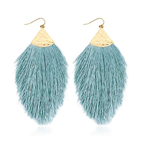 Bohemian Silky Thread Fan Fringe Tassel Statement Earrings - Lightweight Strand Feather Shape Dangles - color: Feather Fringe - Aqua Mint