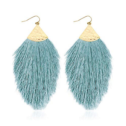 Bohemian Silky Thread Fan Fringe Tassel Statement Earrings - Lightweight Strand Feather Shape Dangles - color: Feather Fringe - Aqua Mint