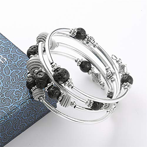 PEARL&CLUB Beaded Chakra Bangle Turquoise Bracelet - Fashion Jewelry Wrap Bracelet with Thick Silver Metal and Mala Beads, Birthday Gifts For Women - color: Lava stone