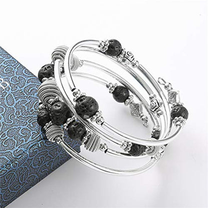 PEARL&CLUB Beaded Chakra Bangle Turquoise Bracelet - Fashion Jewelry Wrap Bracelet with Thick Silver Metal and Mala Beads, Birthday Gifts For Women - color: Lava stone