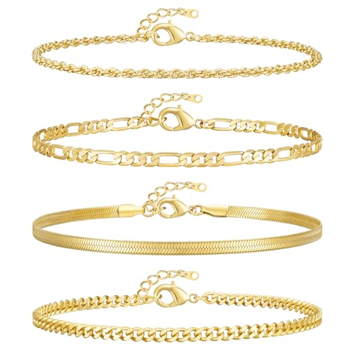 Gold Ankle Bracelets for Women 14K Gold Plated Waterproof Figaro Cuban Link Chain Anklets Set Adjustable Stackable Layered Dainty Ankle for Women Jewelry Graduation Gift for Her Mothers Day Gifts for Mom 4pcs 8.5"+1"