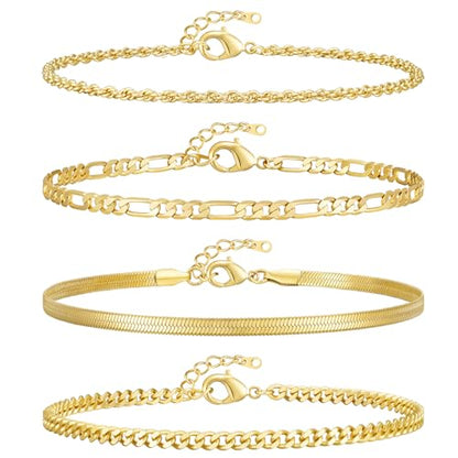 Gold Ankle Bracelets for Women 14K Gold Plated Waterproof Figaro Cuban Link Chain Anklets Set Adjustable Stackable Layered Dainty Ankle for Women Jewelry Graduation Gift for Her Mothers Day Gifts for Mom 4pcs 8.5"+1"