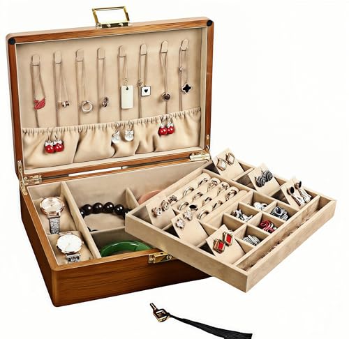 2 Layer Anti Tarnish Solid Wood Jewelry Organizer Box with Lock | Anti tarnish velvet storage for rings earrings necklaces watches wooden jewelry box for women men large locking vintage gift - color: Khaiki velvet, size: Large 2-Tier(11"L x8"W x 3.3"H)