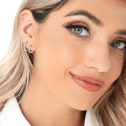3 Pairs 925 Sterling Silver Small Huggie Hoop Earrings for Women Men | 14K White Gold Plated, Hypoallergenic, Small Silver Hoops - color: L-Silver 6/8/10/12mm