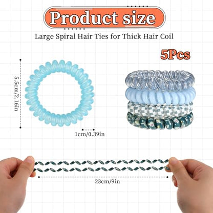 JJUNW 5 PCS Spiral Hair Ties - No Damage, No Crease, Large Elastic, Waterproof Ponytail Holders for Thick & Thin Hair (Color B)