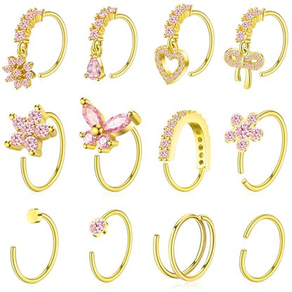 BSJ4U Hoop Nose Rings for Women Nose Piercings 20G Stainless Steel Nose Rings Hoops Heart Butterfly Flower Bow Teardrop Double Nose Hoops Gold Plated Silver Pink Clear CZ Nose Piercing Jewelry - color: Gold Plated Pink Nose Rings