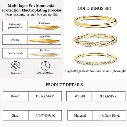 DEARMAY 14K Gold Plated Stackable Rings Set Women Non Tarnish | Dainty Diamond CZ Stackable Ring Set. Thin Thumb Fashion Pack, Unique Statement Jewelry Sizes 5-10. - size: 8