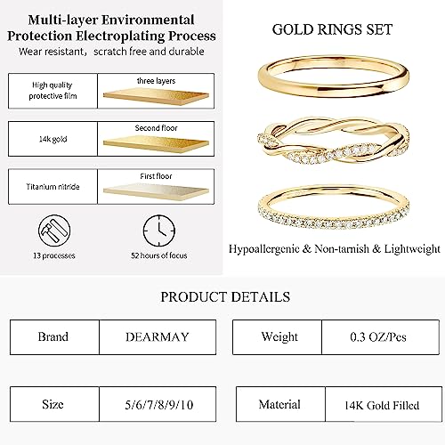DEARMAY 14K Gold Plated Stackable Rings Set Women Non Tarnish | Dainty Diamond CZ Stackable Ring Set. Thin Thumb Fashion Pack, Unique Statement Jewelry Sizes 5-10. - size: 5