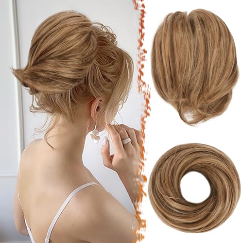 BARSDAR Straight Hair Bun Extensions - Short Straight Ponytail Hair Bun Extensions for Women - Synthetic Elastic Messy Hair Bun Scrunchies Hairpieces Daily - Chocolate Brown & Blonde - color: Chocolate Brown with Highlights, size: 1 Count - Elastic