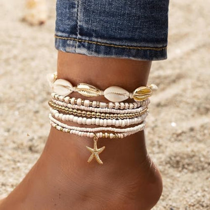 Nanafast Beaded Boho Anklets for Women, Beachy Shell Anklets for Women, Puka Shell & Starfish Charms Beach Jewelry Adjustable - color: White