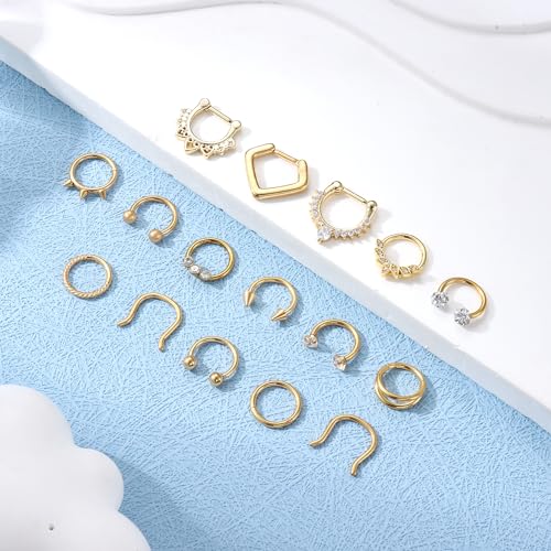 Besteel Hypoallergenic Septum Rings 16G 8mm Surgical Steel Clicker Nose Rings Hoops Set Small Lip Cartilage Helix Daith Piercing Jewelry for Women Men 16 Pcs Gold Silver Black - color: Gold