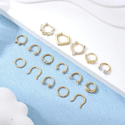 Besteel Hypoallergenic Septum Rings 16G 8mm Surgical Steel Clicker Nose Rings Hoops Set Small Lip Cartilage Helix Daith Piercing Jewelry for Women Men 16 Pcs Gold Silver Black - color: Gold