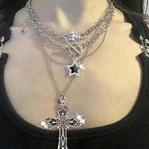 Gothic Necklaces for Women Cross Heart Pendant Layered Necklace Statement Jewelry Dark Romantic Gift for Halloween Parties - color: C1:y2k necklace