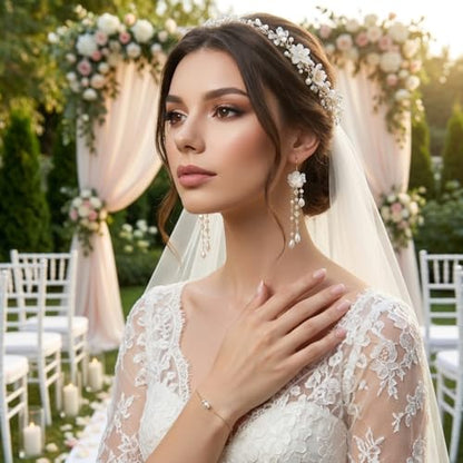 Kruckel Long Dangle Earrings for Women, White Floral Pearl-Inspired | Pearl Drop Earrings, Lightweight Gold-Tone Jewelry for Weddings, Parties, Bridesmaids, Birthdays and Occasion Gifts - color: white