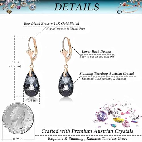 Austrian Crystal Teardrop Leverback Dangle Earrings for Women Fashion 14K Gold Plated Hypoallergenic Jewelry - color: Black