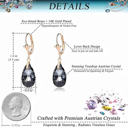 Austrian Crystal Teardrop Leverback Dangle Earrings for Women Fashion 14K Gold Plated Hypoallergenic Jewelry - color: Black