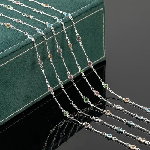 UMAOKANG 16.4 Feet Colorful Crystal Necklace Chain for Jewelry Making Silver Plated Brass Bar Chain Roll with Jump Rings and Lobster Clasps - color: Silver Bar Crystal