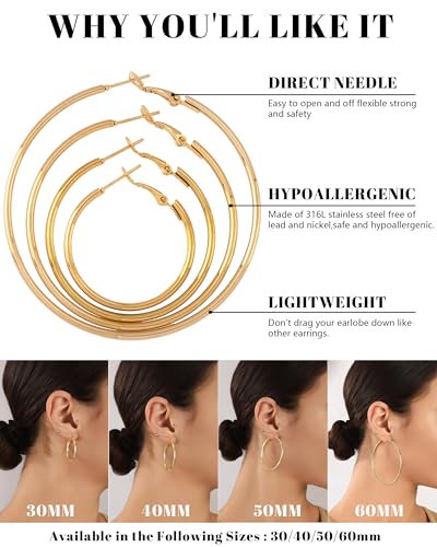 JEMARA Gold Hoop Earrings for Women Hypoallergenic Stainless Steel Large Thin Gold Hoop Earrings Lightweight Big Hoops Aretes de Acero Inoxidable para Mujer 30/40/50/60MM - color: Gold-40mm