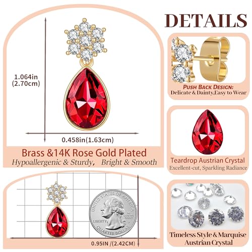Elegant Austrian Crystal Teardrop Dangle Earrings for Women,14K Gold Plated Flower Drop Earrings Jewelry Gift for Birthday Wedding Anniversary - color: Red