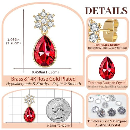 Elegant Austrian Crystal Teardrop Dangle Earrings for Women,14K Gold Plated Flower Drop Earrings Jewelry Gift for Birthday Wedding Anniversary - color: Red
