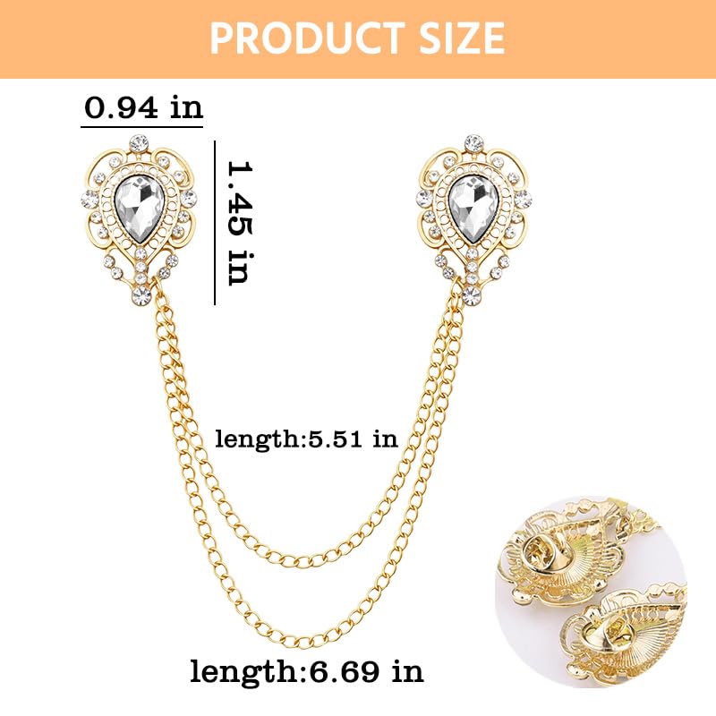 Teardrop Rhinestone Brooch Mens Lapel Pins for Shirt Collar Hanging Chain Brooch Suit Pin Crystal Rhinestone Lapel Pins for Men - color: White