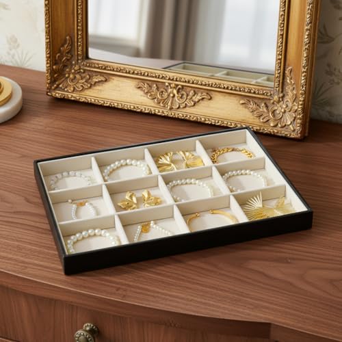 Large Jewelry Organizer Tray, Stackable Jewelry Storage Holder PU Leather Velvet Jewellery Display Case for Stud Earring Bracelet Necklace Ring (Black Beige, 12 Grids) - color: Black Beige