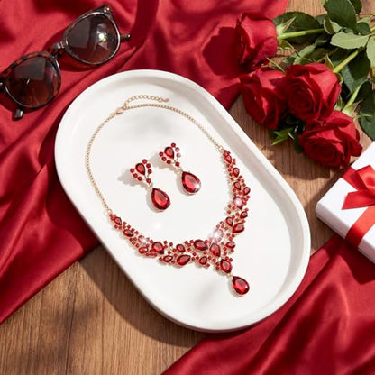 Hicarer Bridal Teardrop Cluster Crystal Jewelry Set for Women Necklace Earrings Wedding - color: Red and Gold