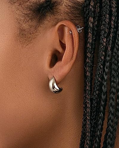 Chunky Gold Hoop Earrings for Women 14k Gold Plated Thick Triple Earrings | Hypoallergenic Trendy Chunky Gold Hoops Earrings,Dainty Jewelry Gifts for Women - style: Silver polished hoop earrings