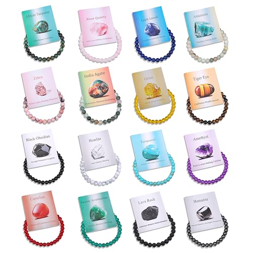BROCC 16PCS Natural Healing Crystal Bracelets for Women 6mm Beads Bracelet | Healing Crystal Beads, Stretch Bracelet,Natural Stone,Handmade and easy to wear,Yoga Bracelets,Meaning Card Bracelet Gift Set