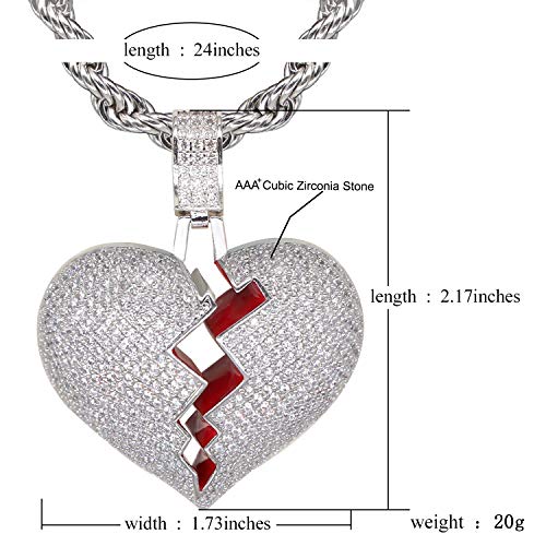 Broken Heart Pendant Necklace Hip Hop CZ Fully Iced Out Bling CZ Diamond 24K White Gold Plated with 24" Stainless Rope Chain - color: Silver