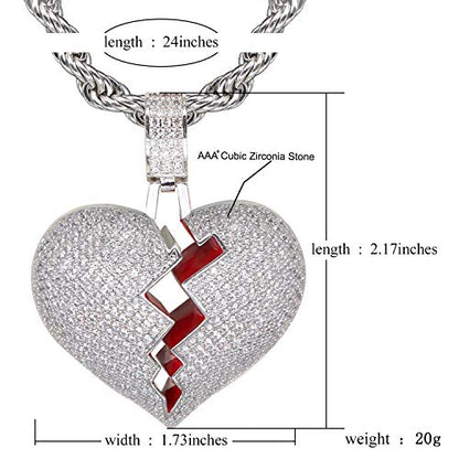 Broken Heart Pendant Necklace Hip Hop CZ Fully Iced Out Bling CZ Diamond 24K White Gold Plated with 24" Stainless Rope Chain - color: Silver