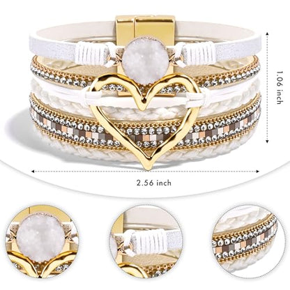 VIBILIA Boho Leather Wrap Bracelets for Women Multi-Layer Bracelets | With Strong Clasp Jewelry for Women - color: 01-Heart-White