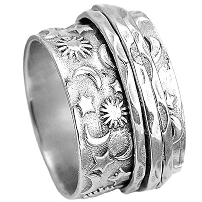 Jude Jewelers Stainless Steel Hammered Sun Moon Star Rotating Spinner Statement Band Ring