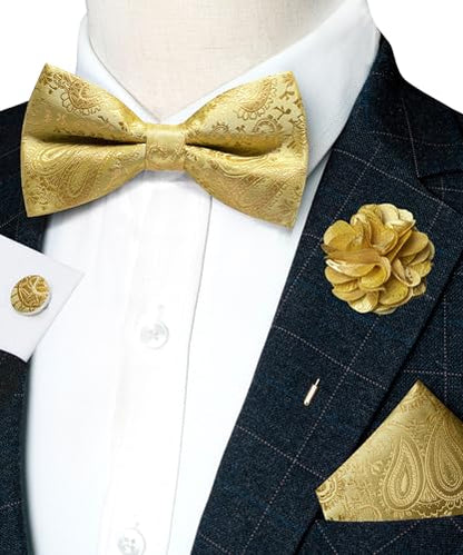 JEMYGINS Mens Paisley Bow Tie and Lapel Pin Necktie Pocket Square and Tie Clip with Sets for Business Casual 4PCS - color: Gold/Yellow