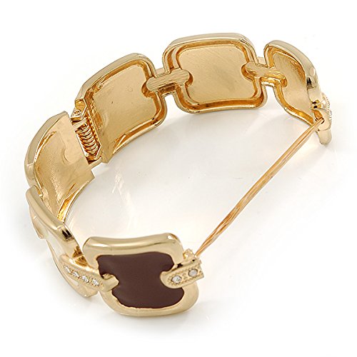 Avalaya Cream/Brown Enamel Square, Crystal Hinged Bangle Bracelet In Gold Tone - 19cm L