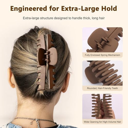 Matte 5 Inch Large Hair Clips for Thick Hair, Brown, 4 Pack | Extra large hair claw clips in brown, designed for secure hold and everyday styling - color: Matte: Brown