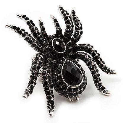 Avalaya Oversized Jet Black Crystal Spider Stretch Cocktail Ring (Silver Tone)