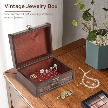 HERCHR Wooden Treasure Chest Box with Key and Lock, Retro European Style Wooden Jewelry Storage Box Memory Keepsake Letter Treasure Chest Lockable with Hinged Lid for Home Decor