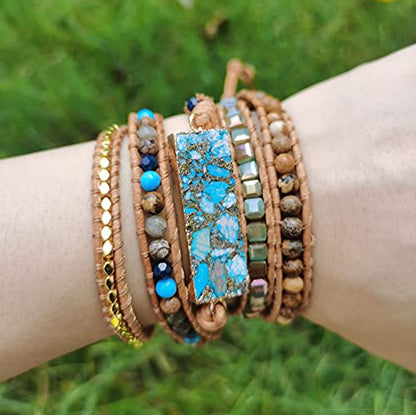 Women Wrap Bracelets Boho Natural Stone Jasper Turquoises Strand Bracelet Jewelry Collection - color: Gold Line Turquoise