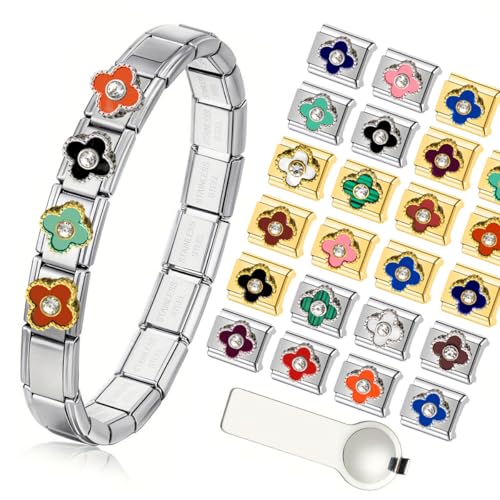 Italian Charms Bracelet Sets Heart Brascelet,18 of Charms and Opening Tools (8 Random Pattern and 10 Blank Modules) - style: Clover-Diamond